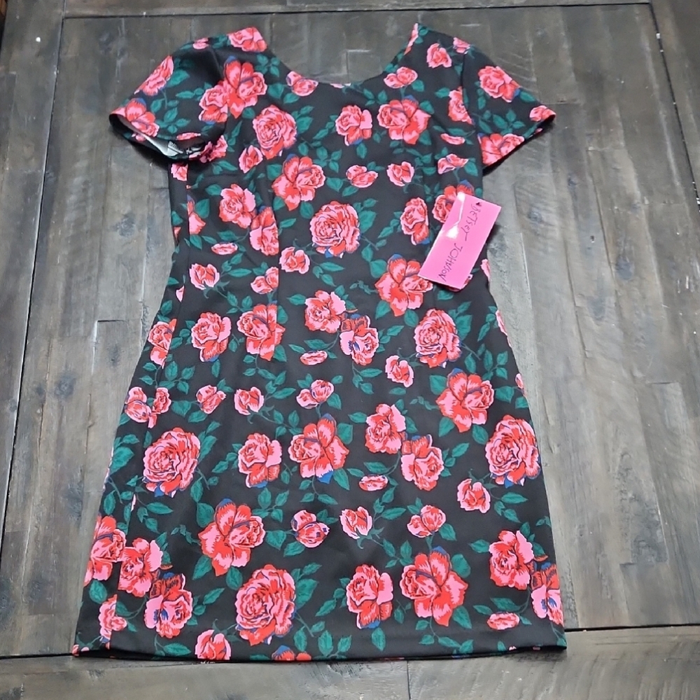 Betsey Johnson Black Mini Dress with Pink Floral Print